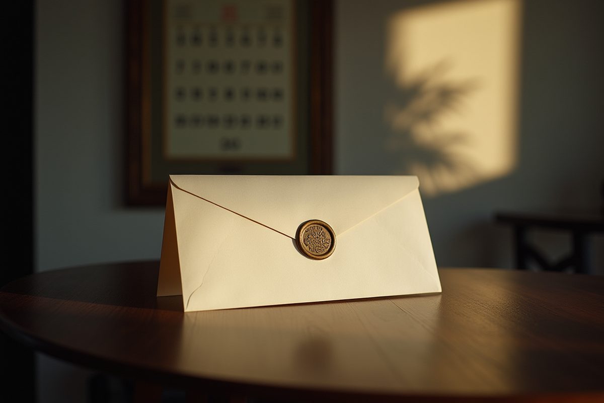 Un sobre oficial sin abrir sobre una mesa de madera, con un calendario desenfocado detrás