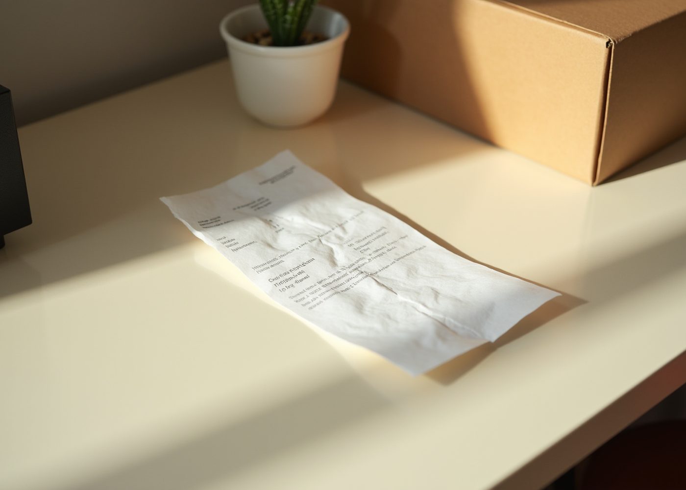 Una factura sobre un escritorio claro, junto a la caja de un producto: la compra que no respondió