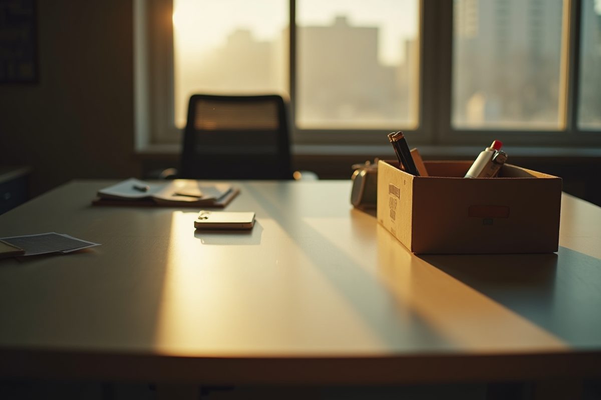 Un escritorio de oficina vacío al amanecer, con una caja de objetos personales